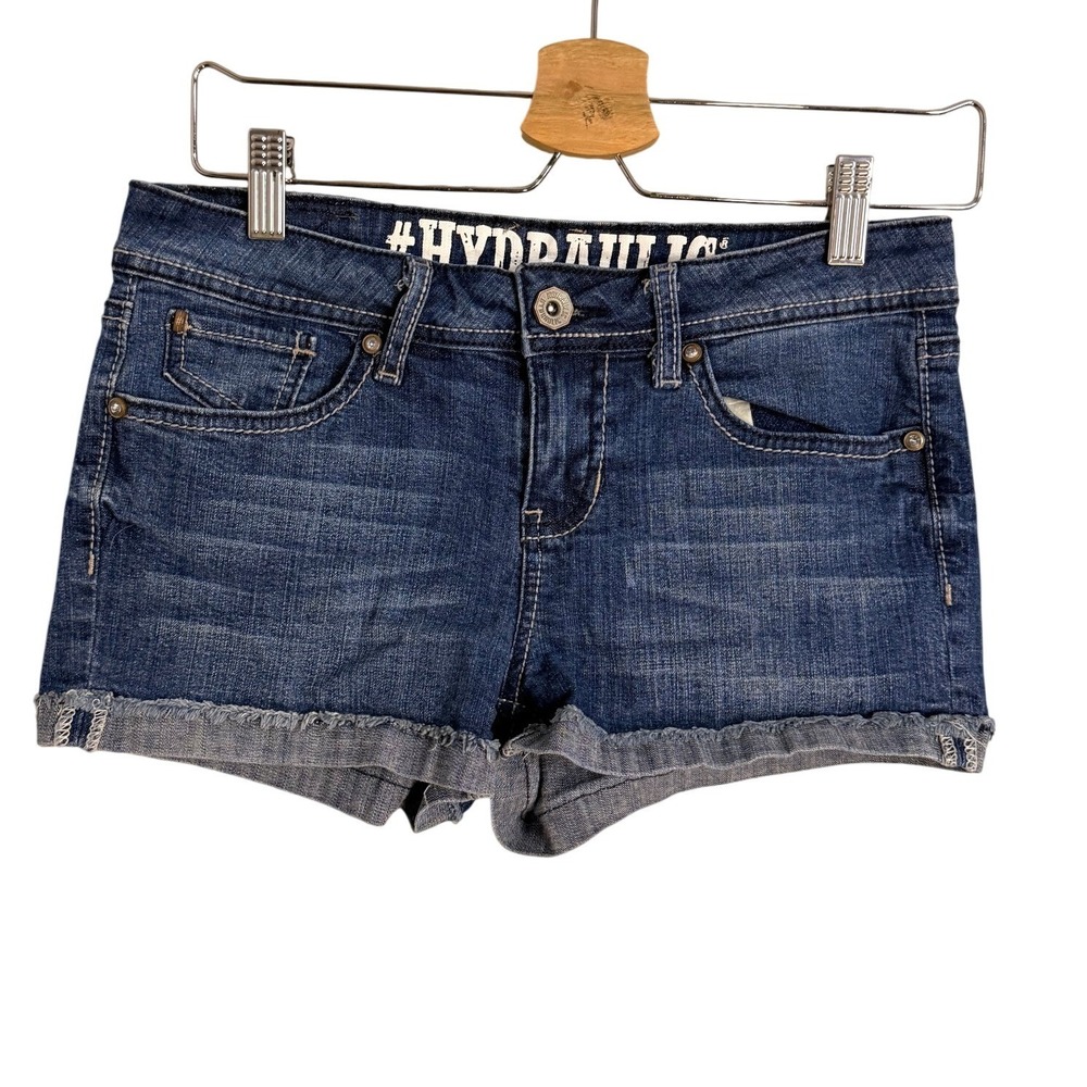 Hydraulic Womens Low Rise Denim Jean Shorts Fleur De Lis Rhinestone Size 7/8